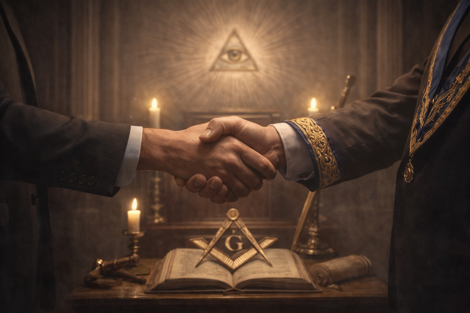 Poignée de main entre deux hommes dans un contexte maçonnique avec symboles du compas et de l’équerre