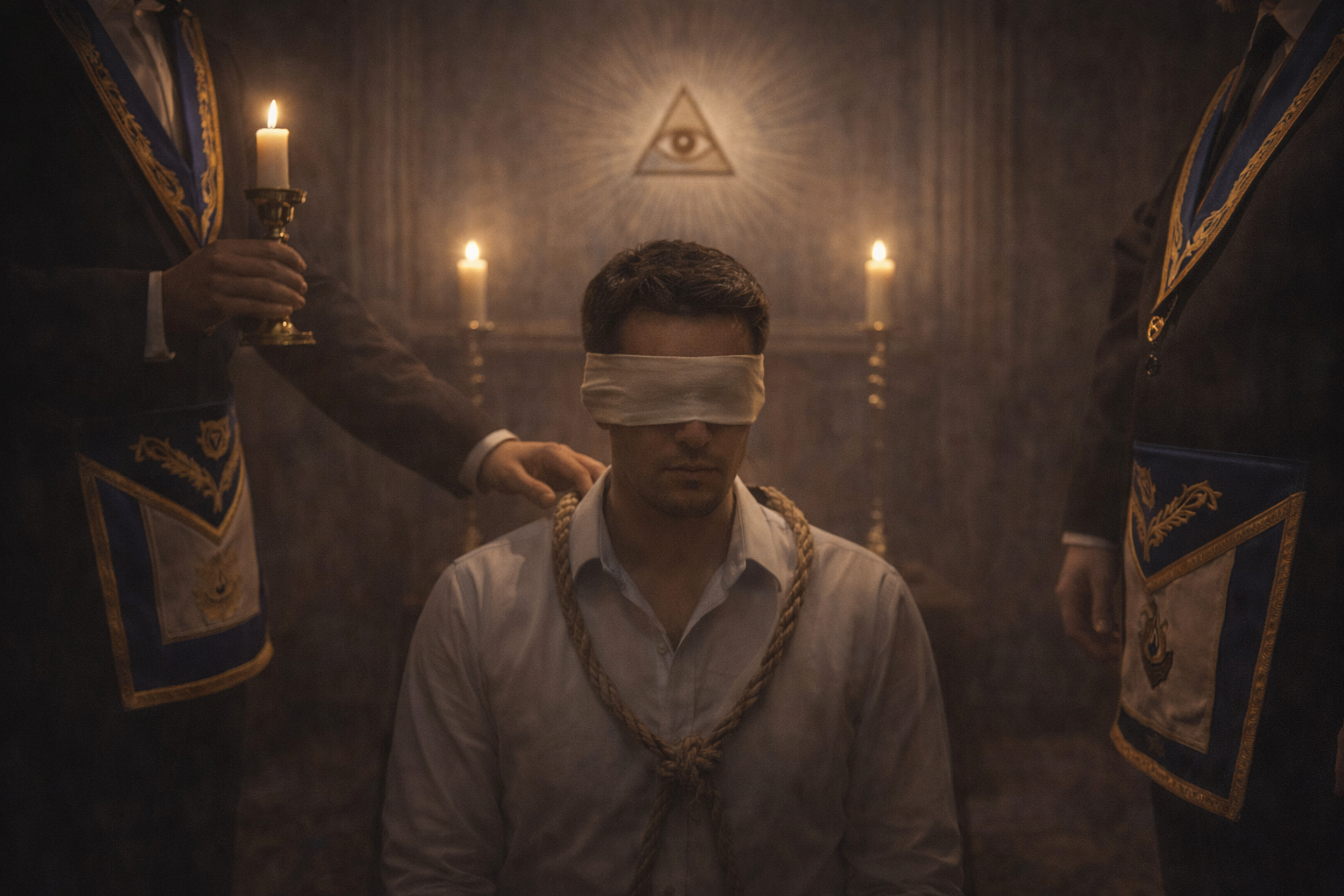 Candidat lors d’une initiation maçonnique symbolique dans une loge